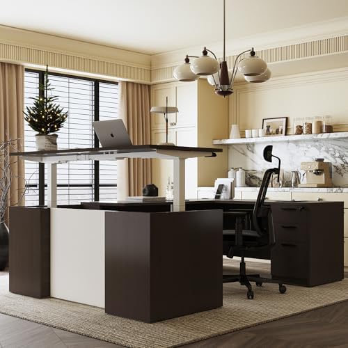 Adjustable Height Executive Standing Desk | Dual Motor Electric Sit-Stand Workstation with 4 Memory Handsetctric Sit-Stand Desk with Lockable Storage (1, U-Shape- Khalba Oak) by ALFABUSINESS