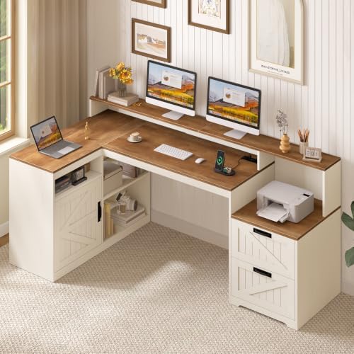 63" Farmhouse L Shaped Desk with Drawers and Printer Stand for Home Office by TVU
