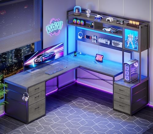 SEDETA Reversible L Shaped Gaming Desk with 6 Drawers, Hutch, Led Lights by SEDETA