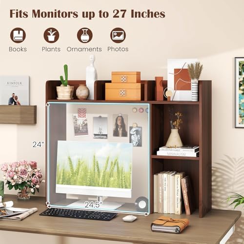 Desktop Bookshelf, 3-Tier Wood Countertop Bookcase with 5 Shelves, Desk Hutch for College Dorm, Multipurpose Desk Organizer Shelf Display Rack for Home Office, Hutch Top Only - Image 4