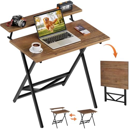 WOHOMO Folding Computer Desk with Monitor Stand, Adjustable Height, Walnut by WOHOMO