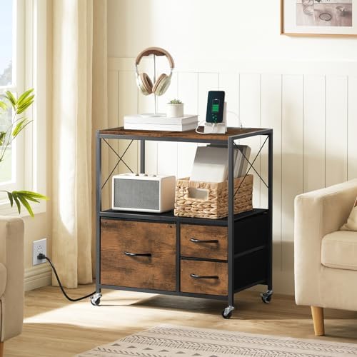 MAHANCRIS File Cabinet with Charging Station, 3 Drawer Lateral Filing Cabinet for Home Office, Mobile Printer Stand with Open Shelf, Fits A4/Letter Size File, Nonwovens Drawer, Rustic Brown FCHR98E01 - Image 4