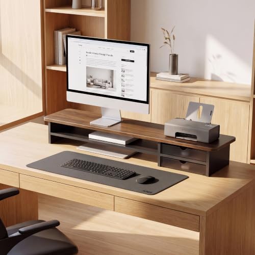 Fenge Monitor Stand, Desk Computer Riser with Frosted Storage Drawer, Brown - Image 6