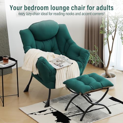 Furlide Lazy Chair with Ottoman, Soft Comfy Chair for Bedroom, Dark Green - Image 3