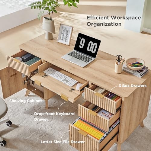 T4TREAM 60" Modern Fluted Executive Desk with Drawers, Natural Oak - Image 4