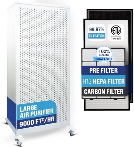 Smart Air Blast MKII Large Room Air Purifier For Business, Large Homes, Office Up to 9000 Sq Ft/hr, 1200 CFM, H13 HEPA Filter, Carbon Filter,Washable Prefilter, Pets, Dust Mold Smoke Allergies Pollen by Unknown