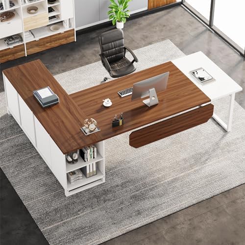 Tribesigns 70.8" L-Shaped Executive Desk with 55" File Cabinet, Large Home Office Computer Desk with Storage Shelves and Cabinet, Modern Business Furniture Set Home Office, Walnut White - Image 4
