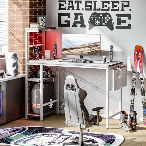 Bestier Gaming Desk with Power Outlets, 44 Inch Led Gamer Desk with 4 Tiers Reversible Shelves, PC Gaming Table with Headset Hook & Side Storage Bag for Bedroom (Grey 3D Carbon Fiber) by Bestier
