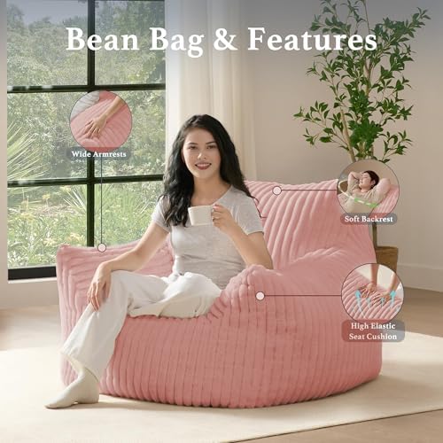 Giant Plush Bean Bag Chair for Adults with Armrests - Oversized Comfy Pink Beanbag Lounge Lazy Floor Sofa Accent Chair for Living Room, Bedroom & Dorm, Cozy Fluffy Single Cloud Mini Couch - Image 5