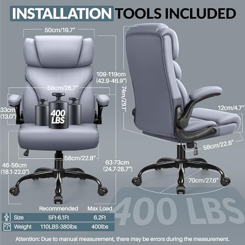 HeroSet Office Chair, Ergonomic Big and Tall Computer Desk Chairs, Executive Breathable Leather Chair with Adjustable Flip-up Armrests, Lumbar Support Swivel PC Chair with Rocking Function,Matte Gray - Image 2