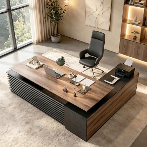SAINTCY 86.61In L Shaped Executive Standing Desk with Drawers, Large Modern Adjustable Heigh Home Office Desk w/Universal Charging Ports, Business Workstation, Black and Warm Oak by SAINTCY