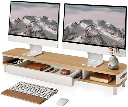 Fenge Dual Monitor Stand with Large Storage Drawer, 42.5" Desk Shelf, Oak by Fenge