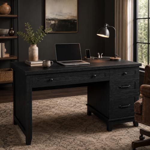 53.54" Executive Desk with Drawers, Farmhouse Home Office Desk with Charging Station & File Cabinet, 4 Storage Drawers Wooden Computer Desk with Power Outlet for Work Study Writing, Black - Image 3