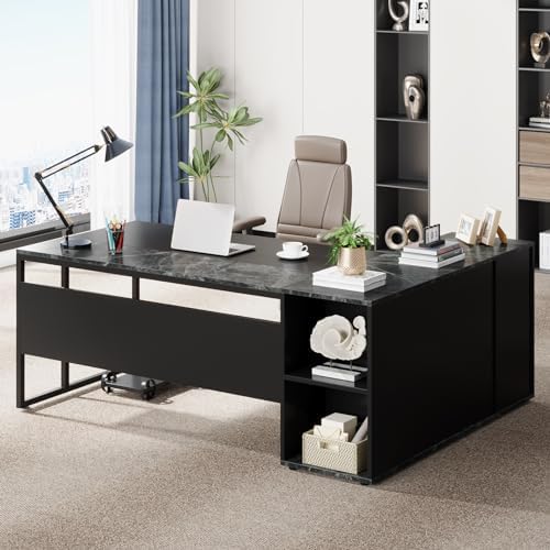 Tribesigns 71 inch Executive Desk, L Shaped Desk with Cabinet Storage, Executive Office Desk with Shelves, Business Furniture Set Workstation for Home Office, Black by Tribesigns