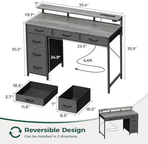Huuger Gaming Desk with 6 Drawers, Computer Desk with LED Lights Power Outlets and Type-C, 39 Inch Office Desk with Storage, Monitor Stand, Writing & Work Desk for Home Office, Bedroom, Grey - Image 3