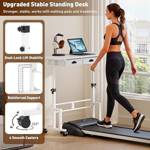 Height Adjustable Standing Desk with 2 Drawers, Small Sit Stand Up Desk with Wheels, Portable Rolling Desk for Walking Pad Treadmill, Computer Office, Adjustable 31.5"-43.3", White, Upgraded Stable - Image 4