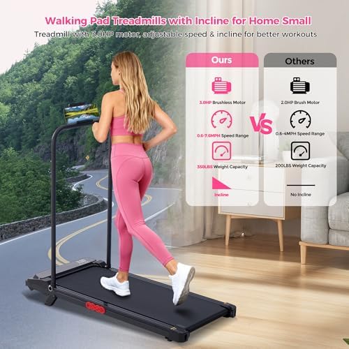 Walking Pad with Incline and Handle Bar, Portable Treadmill for Home Small, Electric Walking Pads Treadmills with Handles, Compact Treadmills with Incline for Small Spaces, 3.0HP, 0.6-7.6MPH, 350LBS - Image 3