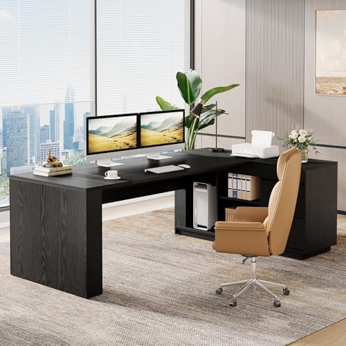 Tribesigns 78" L Shaped Executive Desk with Drawers, Large Office Computer Desk with Cabinet and Storage Shelves, Modern Business Furniture Sets Workstation for Home Office(Gray&Black) - Image 3