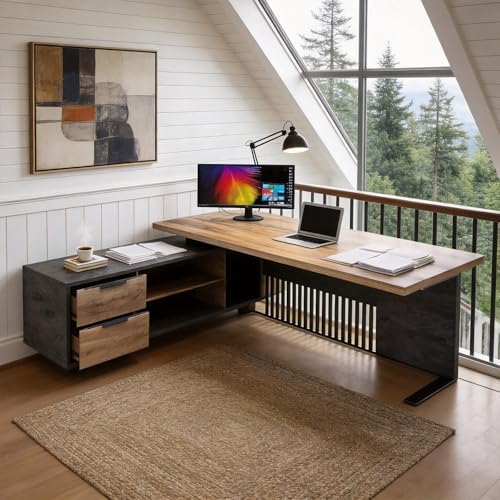 Executive Desk with Privacy Panel, Large Office Desk for Small Business, Computer Desk with Drawers & Storage Cabinets, Thick One-Piece Tabletop (Left Return, 70.86") - Image 3