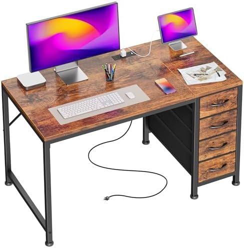PRAISUN 39.4 Inch Computer Office Desk with Power Outelts and USB-C Port, Reversible Gaming Desk with 4 Fabric Drawers, Work Study Desk Work from Home, Rustic Brown by PRAISUN