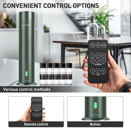 Waterless Diffuser Starter Kit with 5 Scent Oils - Cold Air Diffuser Machine for Home, Hotels and Large Room, 1000 Sq.Ft Coverage Hotel Scent Essential Oil Diffuser, Remote Control, 4.05 Oz, Green-N - Image 4