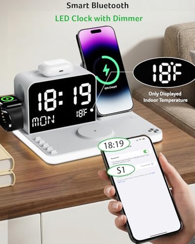 Acer 7-in-1 Wireless Charging Station with LED Clock - 30W Fast Wireless Charger for iPhone 16/15/14/13/12/Pro Max, Apple Watch, AirPods - Bluetooth Auto Time Sync & Night Lights (White) - Image 6