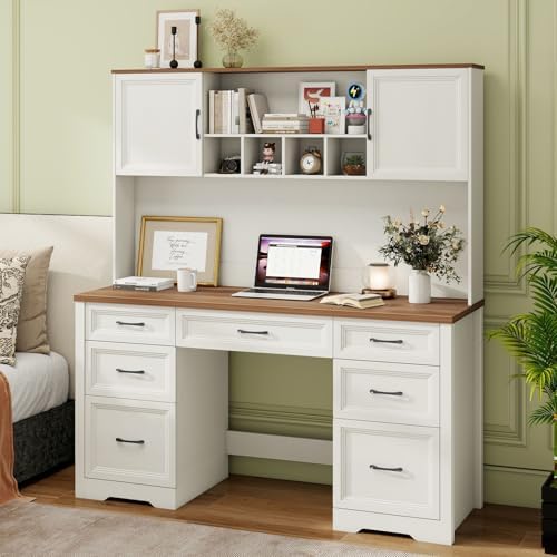 Vabches Farmhouse Executive Desk with 7 Drawers and Storage Cabinet, Rustic Large Home Writing Desk with Hutch, Workstation for Bedroom, White - Image 6