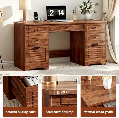 Ieejdn 59" Home Office Desks, Executive Desk, Farmhouse Computer Desk with 7 Drawers and Charging Station, File Drawer, Rustic Computer Writing Desk,Antique Chestnut - Image 4