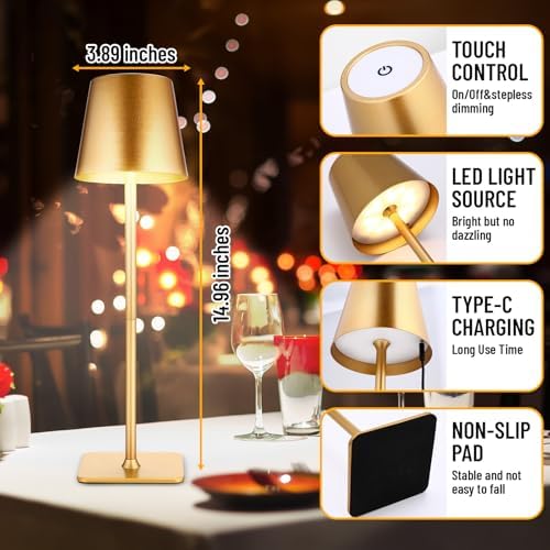 Retisee 12 Pack Cordless Table Lamp Portable Rechargeable Lamps, Gold - Image 2