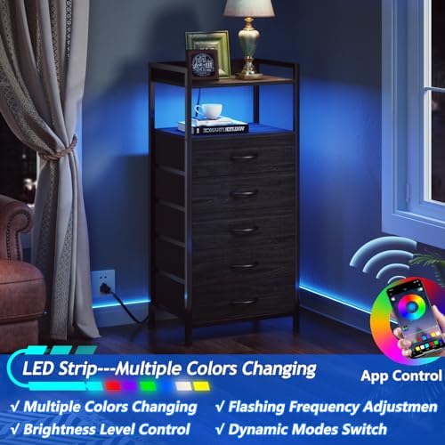 Furnulem Nightstand with Charging Station,LED,5 Drawers Dresser for Bedroom - Image 4