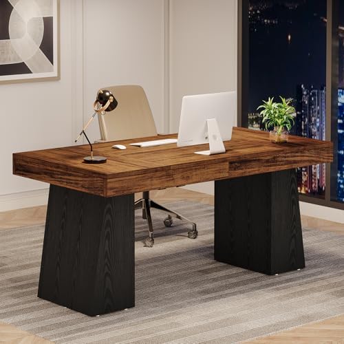 Tribesigns 55 Inches Executive Desk, Mid-Century Modern Home Office Desk, Wood Computer Table Business Workstation Small Conference Table, Black & Brown - Image 4