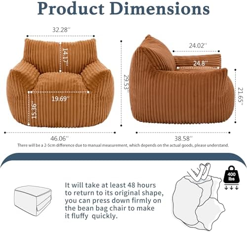 Giant Plush Bean Bag Chair for Adults with Armrests - Oversized Comfy Orange Beanbag Lounge Lazy Floor Sofa Accent Chair for Living Room, Bedroom & Dorm, Cozy Fluffy Single Cloud Mini Couch - Image 2