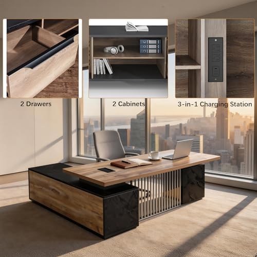 Executive Desk with Privacy Panel, Large Office Desk for Small Business, Computer Desk with Drawers & Storage Cabinets, Thick One-Piece Tabletop (Right Return, 70.86") - Image 4