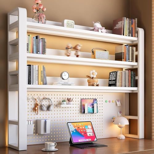 2/3/4 Tier Desktop Bookshelf with Pegboard and Storage Parts, Metal Desktop Organizer Hutch, Desk Shelves for Top of Desk, Shelf Organizer Display Rack for Dorm Home(White,4-Tier L45.2in) by Unknown