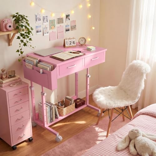 Pink Rolling Desk with Drawers, Small Height Adjustable Girls Standing Desk - Image 4