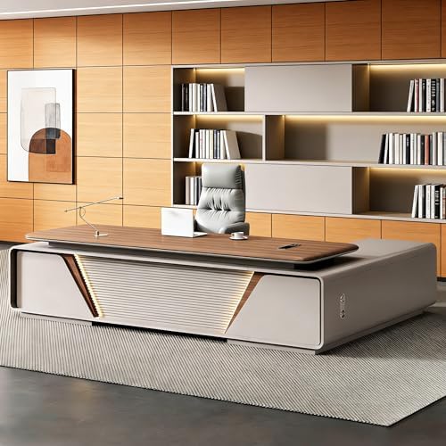Modern L Shaped Executive Desk with Drawers & Storage, Executive Office Desk Computer Table with Aluminum Alloy Inlaid Curved Surface, Management Workstation for Home or Office(C-Left, L2.2M/86IN) by Unknown