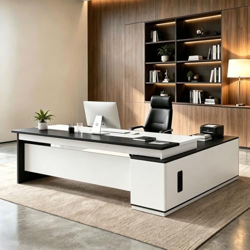 L Shaped Executive Desk with Drawers, Large Wood Workstation, Modern Executive Office Furniture for Home Office and Business Workspace, Multiple Sizes & Colors by Unknown