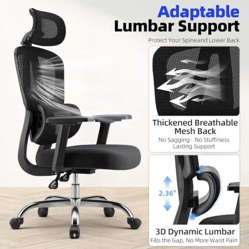 Office Chair Ergonomic Desk Chair Breathable Mesh Chair with Lumbar Support & Headrest, Black Office Chair 330 Lbs Home Computer Chair Thickened Cushion for Adults & Women (Small Chair) - Image 5