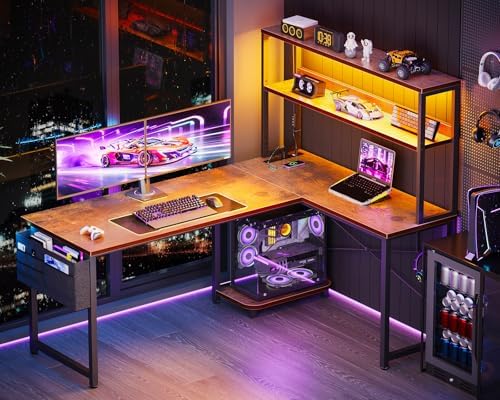 ODK 53" L Shaped Gaming Desk with Shelves, LED & Outlets, Vintage - Image 2