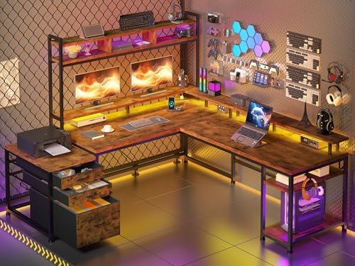 EnHomee 104" L Shaped Desk, 4 Layout Convertible RGB Lights & Monitor Stand by EnHomee