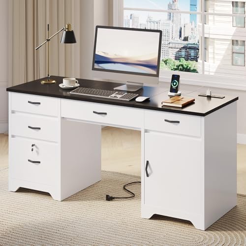 Bestier 59” Office Desk with Lockable Drawers, Modern Computer Desk with File Drawer, Charging Station & Drop-Front Keyboard Drawer, Executive Desk with Storage Cabinet for Home Office & Studio, White by Bestier
