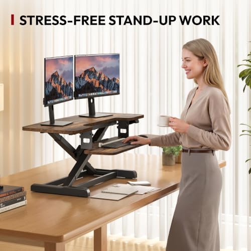 SANODESK Standing Desk Converter with Electric Motor 40" Height Adjustable Riser for Office Home,Dual Monitor and Laptop Workstation with Large Keyboard Tray, Rustic Color - Image 4