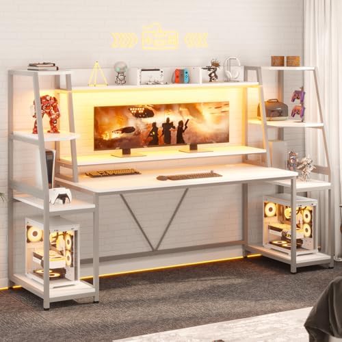 SEDETA 79'' Gaming Desk with LED Lights, Hutch and Storage Shelves, White - Image 3