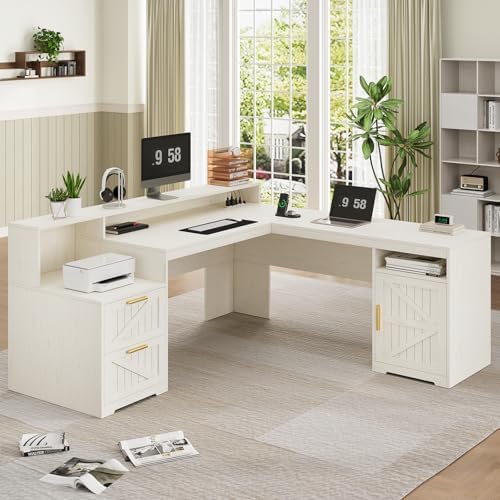 63" Farmhouse L Shaped Desk with Drawers & Printer Shelf for Home Office - Image 3