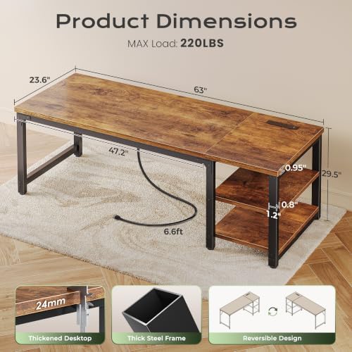 Huuger 63'' x 23.6'' Computer Desk with Power Outlets, 0.95'' Thick Desktop - Image 2