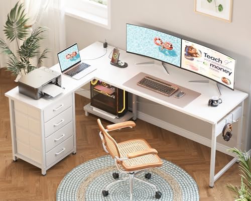 AODK 61" L Shaped Gaming Desk with 4 Drawers and Power Outlets, White - Image 2