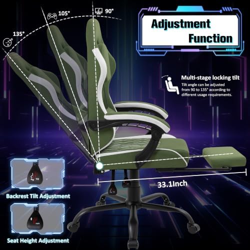 Gaming Chair with Footrest, Ergonomic Fabric Desk Chair, Dark Green - Image 4