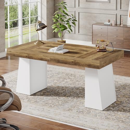 Tribesigns 55 Inches Executive Desk, Mid-Century Modern Home Office Desk, Wood Computer Table Business Workstation Small Conference Table, White & Brown - Image 3