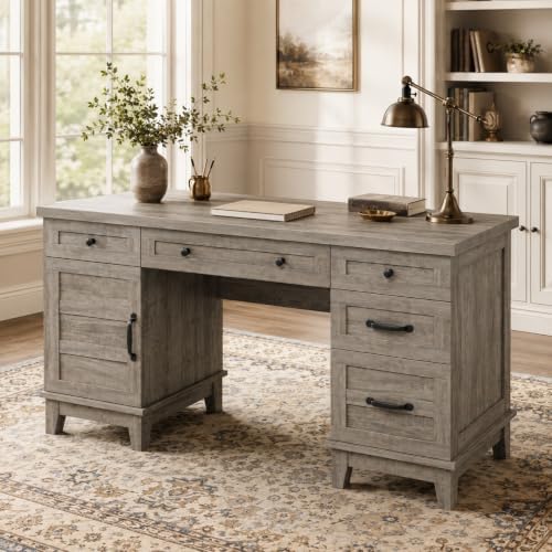 60" Farmhouse Executive Desk with File Drawers, Rustic Gray - Image 3