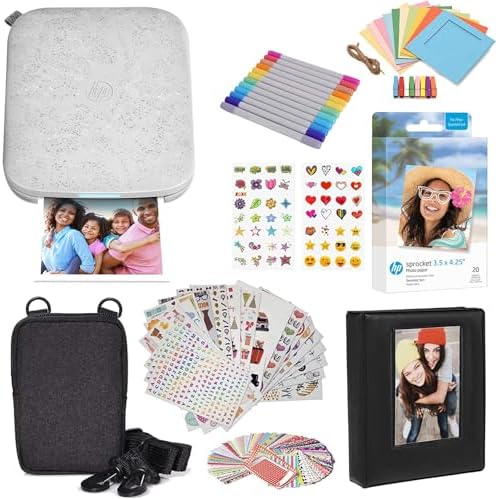HP Sprocket 3x4 Instant Photo Printer - Kit: 20 Pack Zink Paper, Case, Photo Album, Markers, Sticker Sets by HP